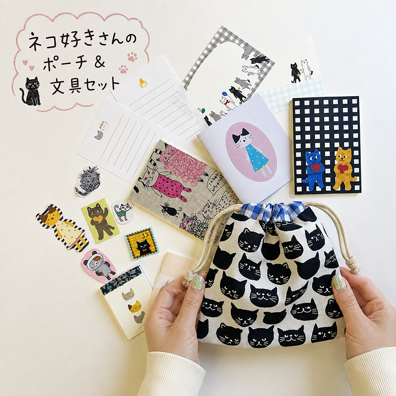 文具福袋｜ネコ好きさんのポーチ&文具セット｜メモ帳・ノート・シール・巾着ポーチ｜紙もの・文房具・コラージュ・手帳デコ