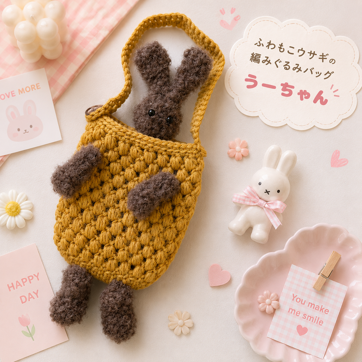 手持ちバッグにかける 🐰 うさぎのあみぐるみスマホホルダー / 手編みバッグチャームポーチ（マスタード）の商品画像