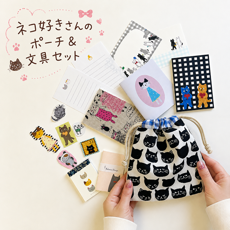 文具福袋｜ネコ好きさんのポーチ&文具セット｜メモ帳・ノート・シール・巾着ポーチ｜紙もの・文房具・コラージュ・手帳デコの商品画像